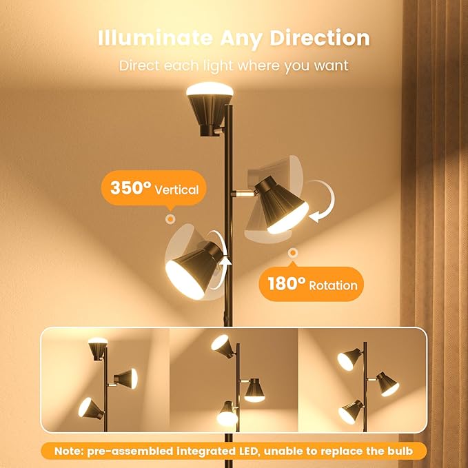 36W LED Tree Floor Lamp, Dimmable Tall Standing Lamp with Remote & Touch Control, 4 Color Temperatures Bright Floor Lamp, 3 Rotatable Light Modern Floor Lamps for Living Room Bedroom Office-Ruum Studio Home