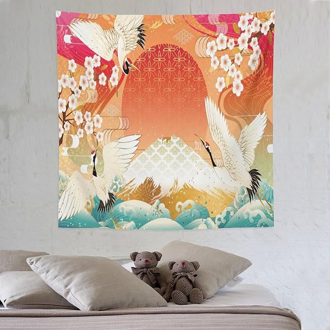 HZOHNAGO Japanese Tapestry Cherry Blossom Crane Sea Wave Fuji Mountain Red Sun Pattern Printed Wall Tapestry Painting Wall Hanging for Bedroom Living Room Dorm 60" W x 60" H-Ruum Studio Home