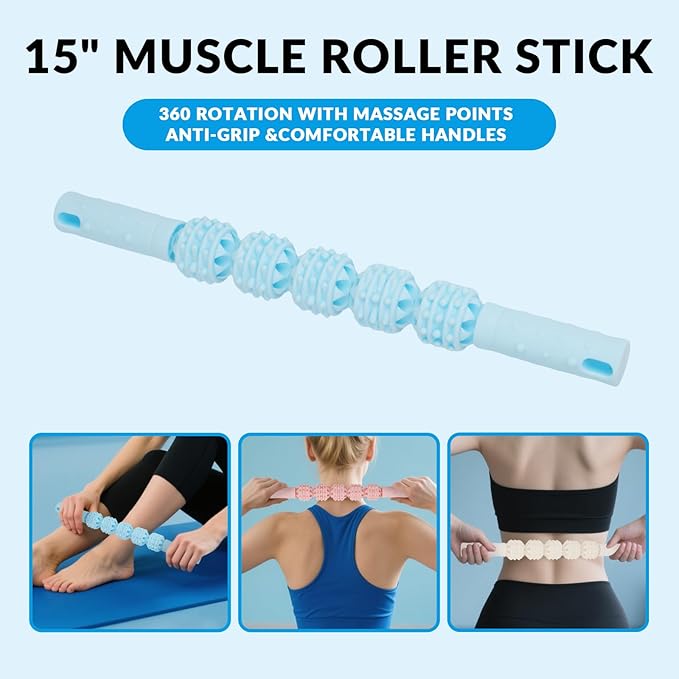 7 in 1 Foam Roller,Products Include Foam shafts,Muscle Roller Bars,Leg Massagers,Fascia Balls,Stretch Bands,8-Shaped Resistance Bands,are Used for Full-Body Relax,Yoga(White Pink Blue) (White)-Ruum Studio Home