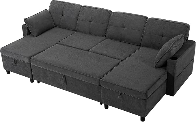 110 Inches Chenille Sectional Sofa w/Adjustable Back & Pull Out Sofa Bed, Tufted U Shaped Couch w/Two Storage Chaises, Sleeper Sectional Sofa w/USB Port & Cup Holders for Living Room, Grey-Ruum Studio Home