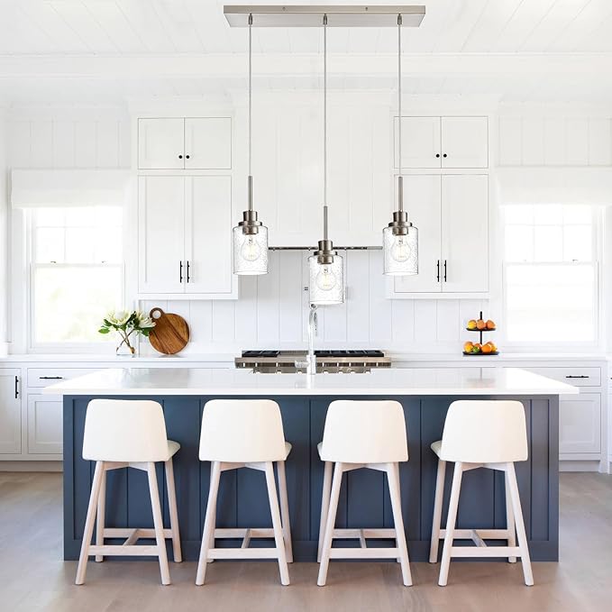 3-Light Farmhouse Chandelier Light Fixture Brushed Nickel Clear Seeded Glass Dining Room Hanging Modern Pendant Lighting Over Table,Traditional Ceiling Lights for Kitchen Island Entryway-Ruum Studio Home