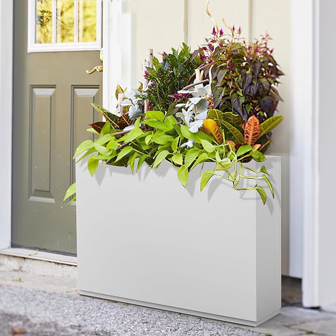FENCY Metal Rectangular Planter Box Large Planters for Outdoor Plants, Tall Planters for Outdoor Plants with Drainage Holes, Rectangular Planters for Outdoor Plants (35.4" L x 9" W x 25.6" H,White)-Ruum Studio Home