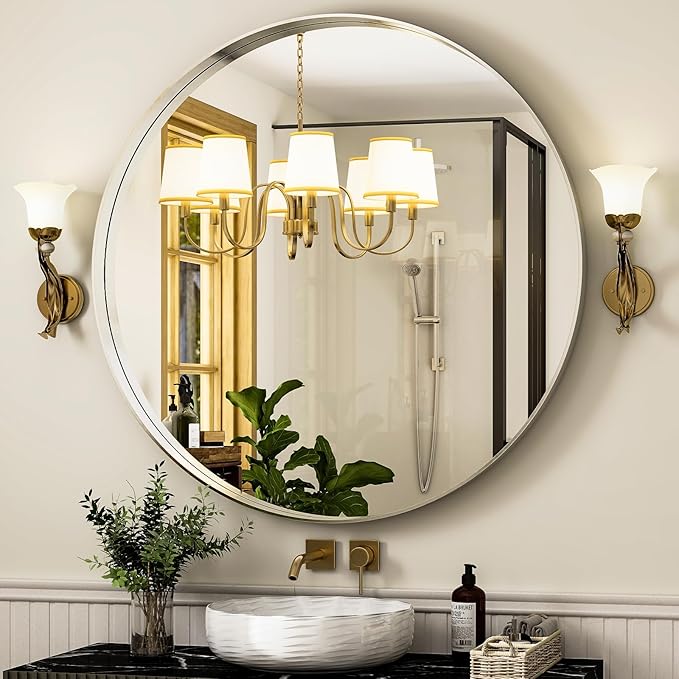 32 Inch Silver Round Bathroom Mirror - Wall Mounted Circle Mirror with Metal Frame, Modern Mirror Suitable for Bathroom, Vanity, Entryway, Living Room, Wall Decor-Ruum Studio Home