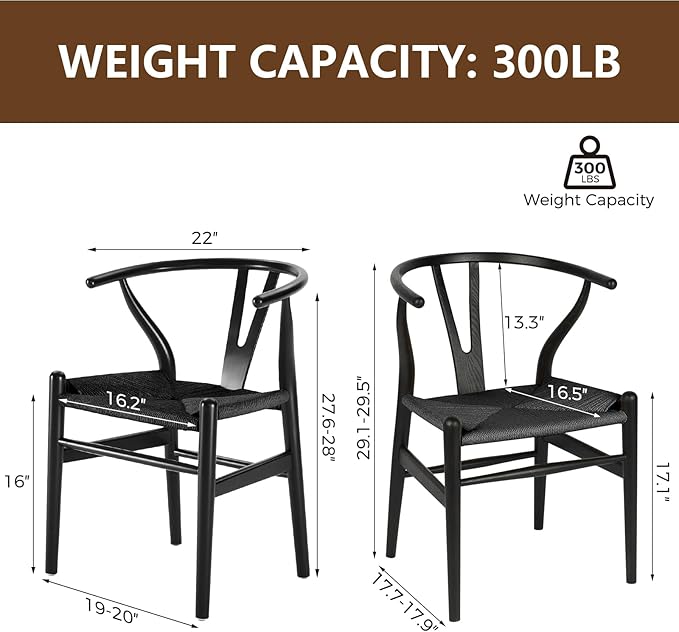 Wishbone Chair, Solid Wood Armrest Woven Seat Chair, Kitchen & Dining Chair, Wishbone Y Black Chairs - Set of 1 (Ash Wood - Black)-Ruum Studio Home