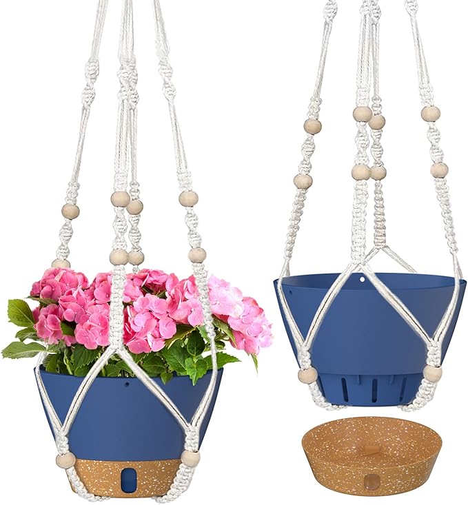 ZMTECH 2 Pack 10 Inch Blue Hanging Planters with Macrame Plant Hanger for Indoor and Outdoor Plants, Self Watering, Drainage Hole, Visible Level Tray-Ruum Studio Home