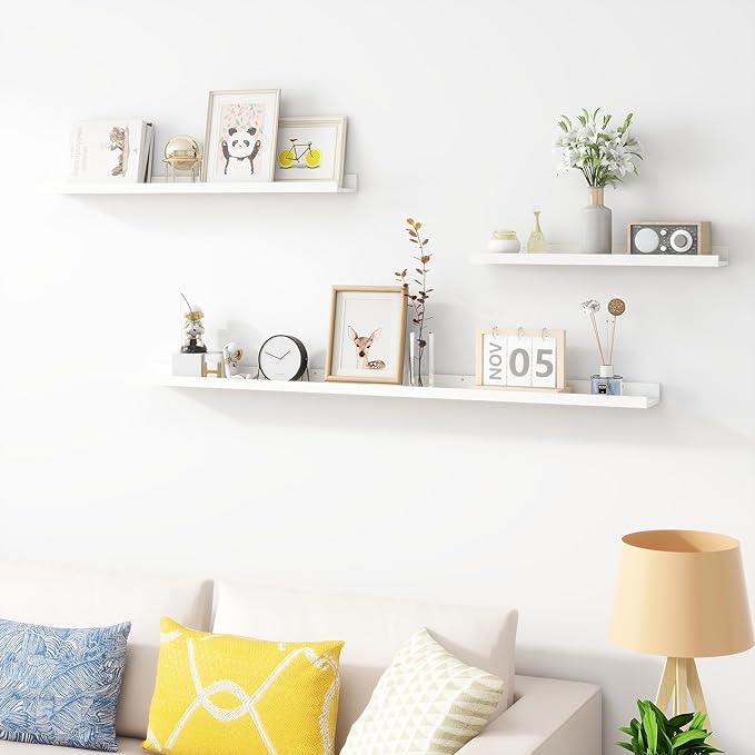 Picture Ledge Shelf, Wood Long Floating Shelves for Wall, Set of 2, 48 inch Picture Ledge Shelves, Photo Ledge Nursery Book Shelves Wall Mounted for Living Room Kids' Room Bedroom, Color White-Ruum Studio Home