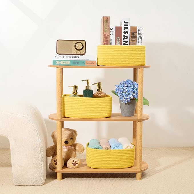 Small Storage Baskets for Organizing | Closet Organizer Bins | Shelf Toy Basket | Woven Rope Baskets | Cube Decorative Box | Shallow Basket | 11.5x7.5x4.7” | 4 Packs Yellow-Ruum Studio Home