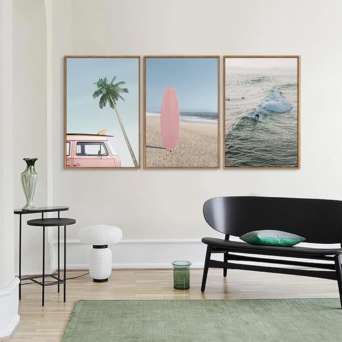 Tinonedraw Large Ocean Beach Framed Canvas Wall Art, Summer Coastal Surfboard Wall Decor, Palm Tree Pink Car Artwork, Modern Surfing Seascape Art Prints for Living Room Bedroom Office 24"x36"x3-Ruum Studio Home