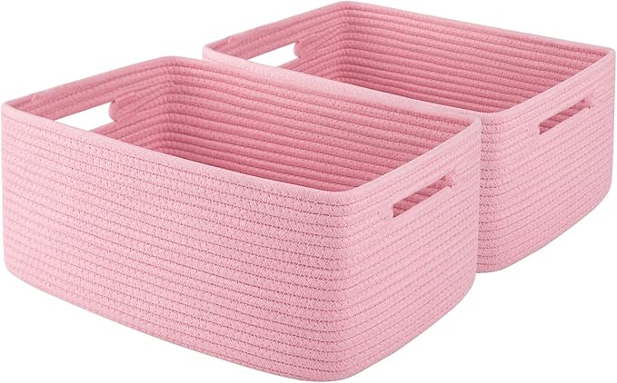OIAHOMY Storage Basket for Shelves, Closet Cube Storage Bins Baskets for Clothes Blanket Towels, Baby Nursery, Toy Baskets Box, Woven Rope Basket, 15.75*11.81*7.09 IN, 2 Packs Pink-Ruum Studio Home