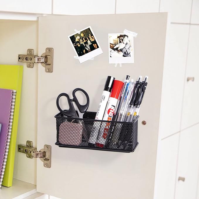 dedoot Magnetic Pencil Holder, Black Mesh Pen Organizer Strong Magnetic Storage Basket Organizes Pens, Pencils, Markers for Whiteboard, Locker, Fridge, Cubicle Desk, Offices 6.3x2.3x2.6inch-Ruum Studio Home