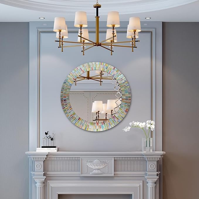 Bohemian Rainbow Wall Mirror -Glass Mosaic Mirror Decorative Wall Mirror, Multi Color Spectrum Wall Mountable, 24" Multi-Color Round Framed Mirror-Ruum Studio Home