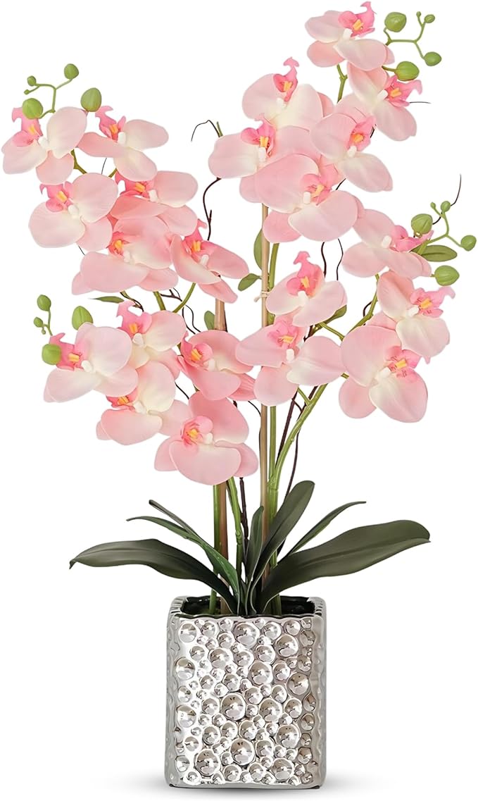 Orchid Artificial Flowers with Sliver Vase Large Silk Faux Phalaenopsis Flowers for Dining Room Table Floral Centerpieces Indoor Decoration,Pink-Ruum Studio Home