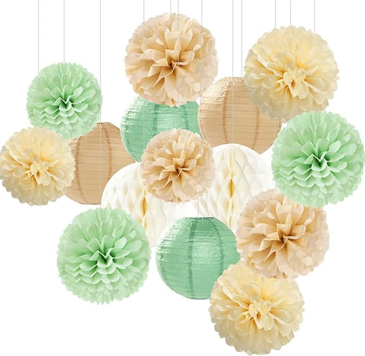 Sage Green-Boho Party-Decorations Paper-Flowers Lanterns - 15PCS Safari Rustic Neutral Baby Shower Tissue Pom Poms Streamers, Champagne Gold Birthday Wedding Graduation Hanging Supplies Decor Hugfond-Ruum Studio Home