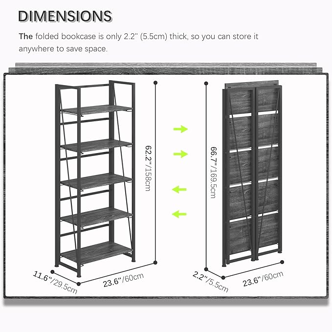 4NM No Assembly Foldable Bookshelf, 5-Shelf Collapsible Bookcase Storage for Small Spaces, 62.2" H, Gray and Black-Ruum Studio Home