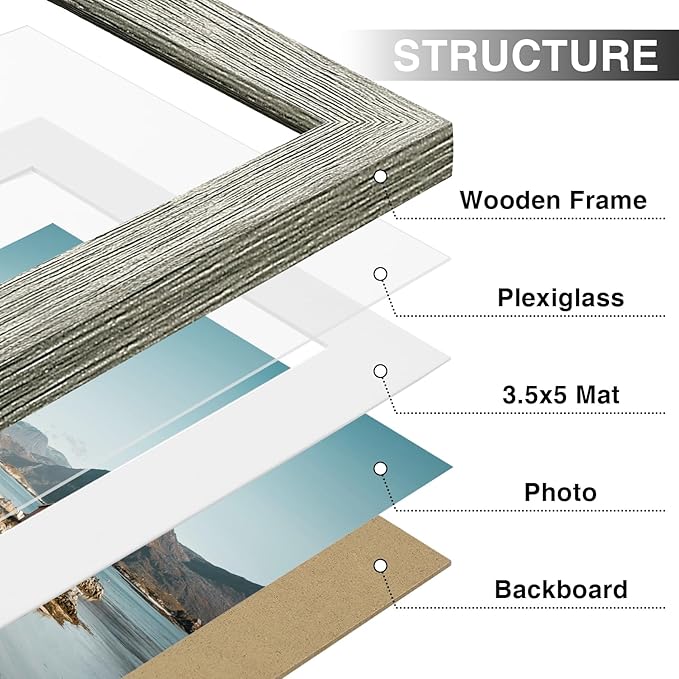 Vittanly 4x6 Picture Frames Set of 9, Shatter Resistant Plexiglass, Display 3.5x5 Pictures with Mat or 4x6 without Mat, Photo Frames for Wall or Tabletop, Engineered Wood, Grey-Ruum Studio Home