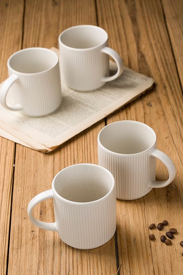 famiware Coffee Mug Set for 4, Star 12 oz Catering Mugs Cup Set with Handle for Coffee, Tea, Cocoa, Milk - Ceramic Stoneware Drinkware Set, Matte White-Ruum Studio Home