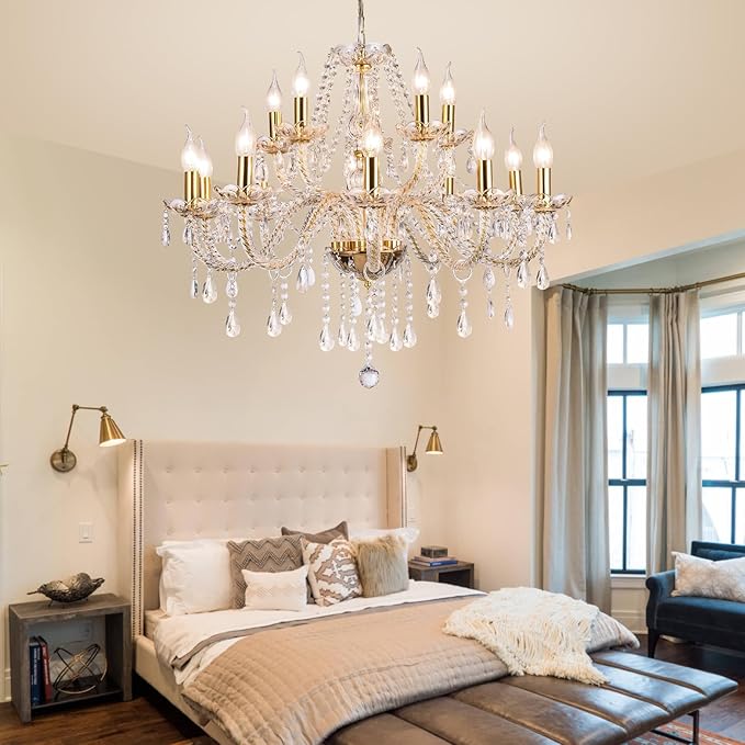 Modern Elegant 15 Lights K9 Crystal Glass Chandelier Golden Pendant Ceiling Lighting European Style for Dining Living Room Bedroom Transparent,15 E12 Bulbs Required-Ruum Studio Home