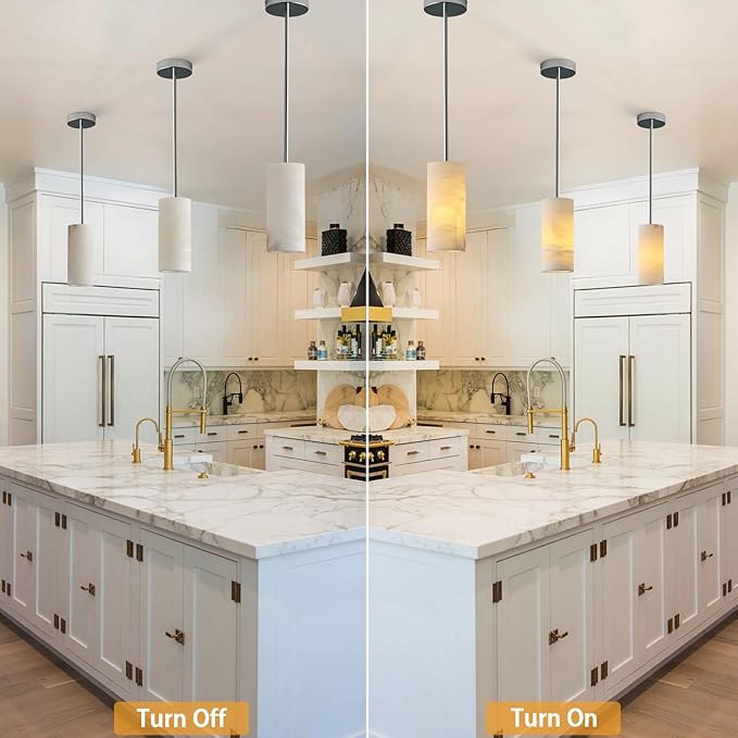 Alabaster Pendant Lights Kitchen Island, Nickel Hand Carved Alabaster Cylinder Pendent, Spanish Natural Marble Light Pendant for Bedroom Bathroom Dining Room Living Room- 3 PC-Ruum Studio Home