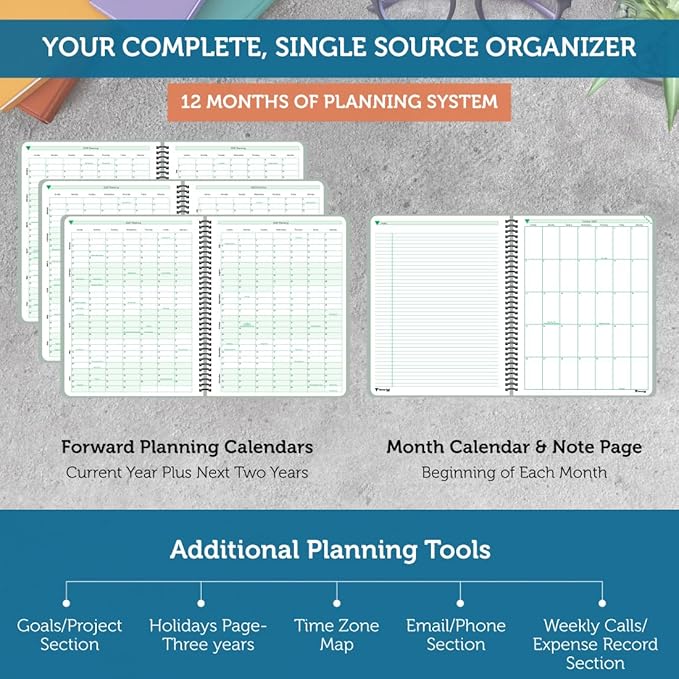 Planner Pad Spiral Bound 3-Tier Funnel Down 12 Month Organizer, October 2025 – September 2026, Greenish Grey Cover/Soft Green Ink, 8 1/2" x 11"-Ruum Studio Home