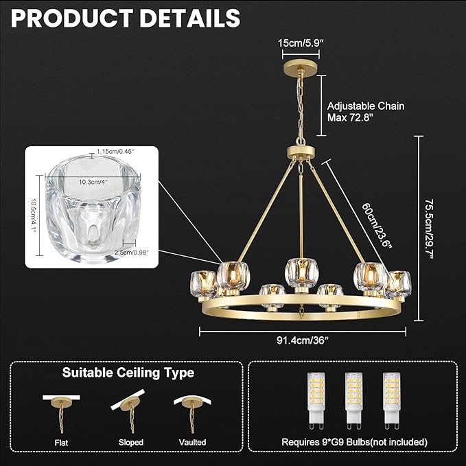 Gold Wagon Wheel Chandelier, 36 Inch Brass Chandeliers with Unique Glass Shade, 9-Light Crystal Farmhouse Wagon Wheel Chandeliers for Dining Room, Round Chandelier for Living Room, Foyer, Entryway-Ruum Studio Home