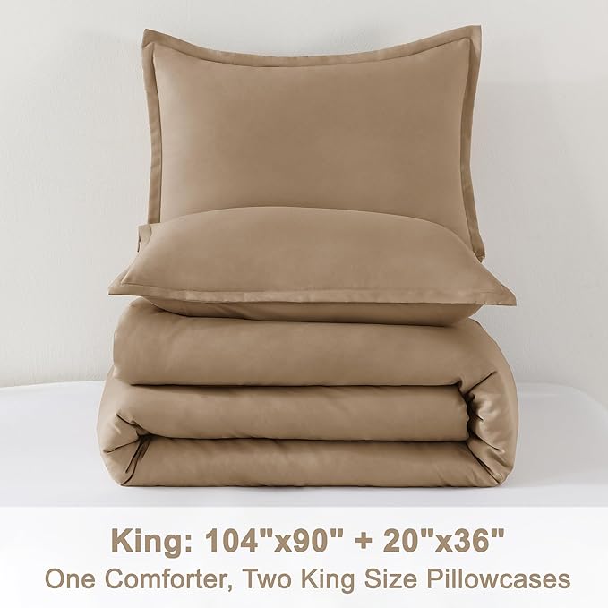 Litanika Taupe Comforter Set King Size, 3 Pieces Solid Bedding Comforter Set, All Season Fluffy Bed Set (104x90In Comforter & 2 Pillowcases)-Ruum Studio Home
