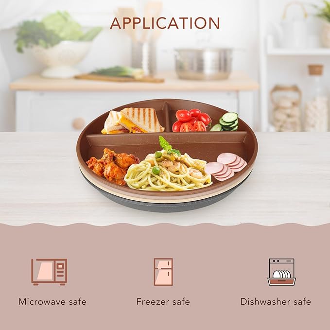 greenandlife 10 Inch 4PCS Unbreakable Portion Control Plates, Divided Plates for Kids Adults, Dishwasher & Microwave Safe Compartment Plate, Lightweight Reusable Wheat Straw Plate, Earth Tone-Ruum Studio Home