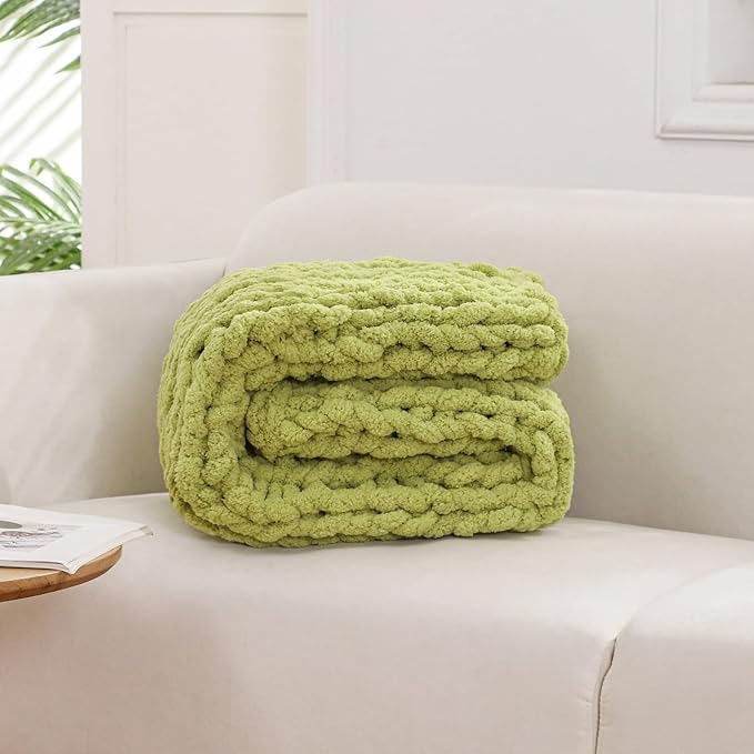 WESHIONGOO Chunky Knit Blanket Throw Knitted Throw Blankets for Couch Bed Fluffy Soft Blanket with Jumbo Chenille Yarn Thick 100% Handmade (Lime Green, 40"×40")-Ruum Studio Home