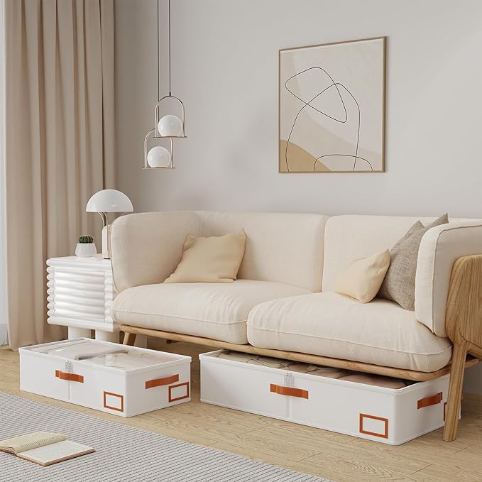 Yawinhe Under Bed Storage Containers, 4 Pack, Bin with Lids, Collapsible Closet Organizers, with Sorting Card Slot and 4 Leather Handles, for Blanket, Bedding, 31.5''Lx15.7''Wx6''H, Beige-Ruum Studio Home