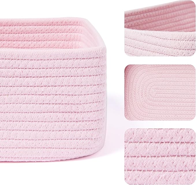 Small Storage Baskets for Organizing | Closet Organizer Bins | Shelf Toy Basket | Woven Rope Baskets | Cube Decorative Box | Shallow Basket | 11.5x7.5x4.7” | 3 Packs Pink-Ruum Studio Home