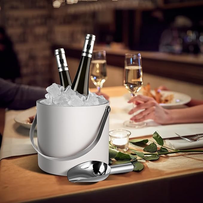 Insulated Ice Bucket with Silicone Lid, Scoop, Tongs & Strainer, 3L Stainless Steel Double Wall Ice Buckets for Parties & Cocktail Bar, Champagne Ice Bucket with Lid for Freezer, Ivory-Ruum Studio Home
