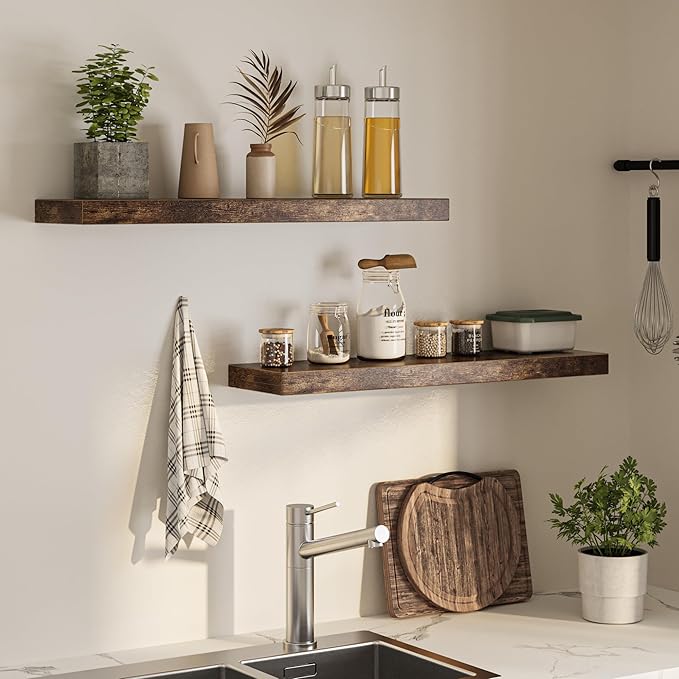 Floating Shelves for Wall, 36"W x 8"D x 1.5"H, Wooden Wall Mounted Display Shelves with Invisible Brackets for Living Room, Bedroom, Bathroom, Kitchen Decor and Storage, Set of 2, Rustic Brown-Ruum Studio Home