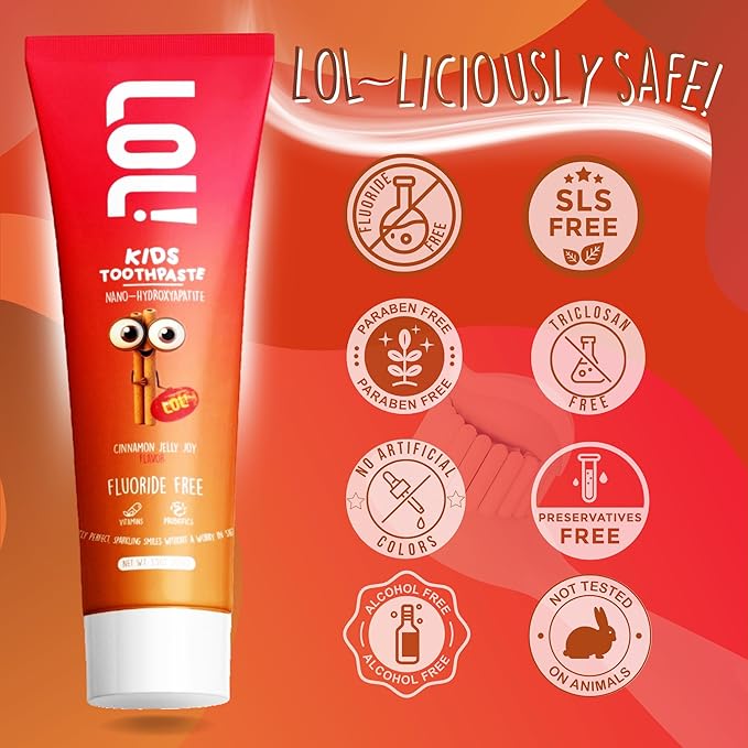 LOL Toddler Toothpaste, Nano Hydroxyapatite Toothpaste, Probiotics, Vitamins, Xylitol Tooth Paste Kids | Remineralizing | Natural | Plant-Based Foam | Pasta De Dientes para Niños (Cinnamon)-Ruum Studio Home