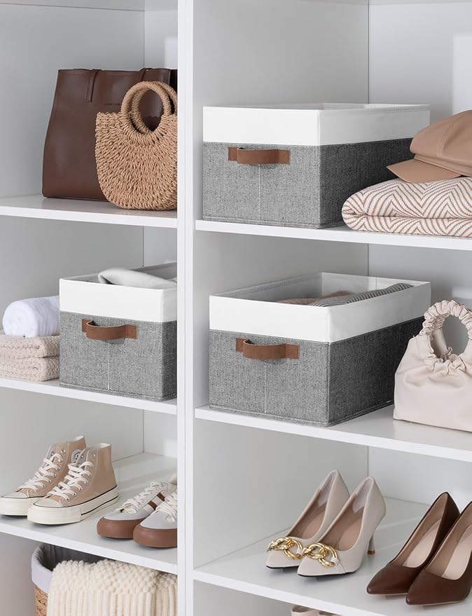 StorageWorks Storage Baskets for Shelves, Foldable Fabric Closet Storage Bins with Handles, Fabric Storage Bins Clothes Organizer, Gray and White, 3-Pack, Large-Ruum Studio Home