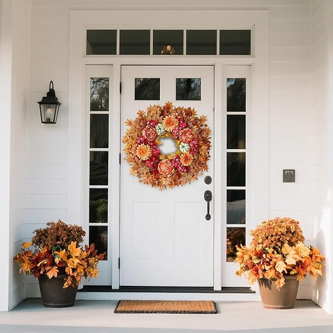 26" Fall Wreath for Front Door - Large Artificial Maple Leaves Fake Silk Peony Faux Pumpkin Outdoor Wreath for Porch, Window,Farmhouse,Home,Thanksgiving Day Harvest Festival Autumn Decor-Ruum Studio Home