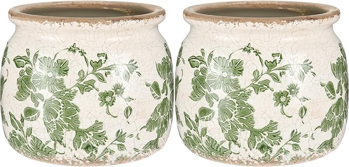 2 Pcs Vintage Planter Large Ceramic Plants Pot Beige Green Vintage Floral Ice Crack Cottage Scroll Vase Flower Vase Pot Indoor Plants Home Kitchen Decor Farmhouse Antique Decorative Gifts-Ruum Studio Home