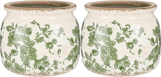 2 Pcs Vintage Planter Large Ceramic Plants Pot Beige Green Vintage Floral Ice Crack Cottage Scroll Vase Flower Vase Pot Indoor Plants Home Kitchen Decor Farmhouse Antique Decorative Gifts-Ruum Studio Home