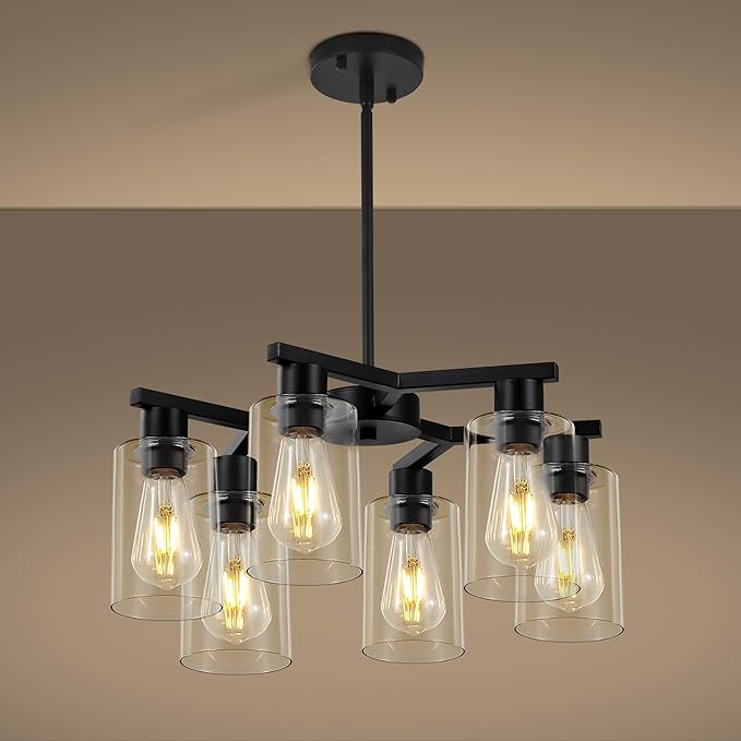 6-Light Black Modern Farmhouse Chandelier for Dining Room Ceiling Light Fixture with Clear Glass Shades, Adjustable Hanging Industrial Pendant Lighting for Living Room Kitchen Island Bedroom Entryway-Ruum Studio Home