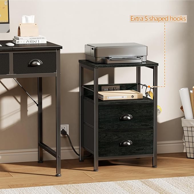 Furologee Nightstand Set of 2, Black Oak, with Charging Station and USB Ports, Side Tables with 2 Fabric Drawers, Bedside Tables with Storage Shelf & Hooks, for Living Room/Bedroom-Ruum Studio Home