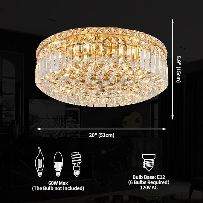 6-Lights Gold Crystal Flush Mount Chandelier Light Fixture K9 Crystals Modern Ceiling Lights Elegant Pendant Lamp for Bedroom,Hallway,Bar,Living Room,Dining Room,H5.9 xW20 (Bulbs Not Included)-Ruum Studio Home