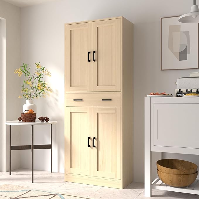 Oak Kitchen Pantry, 71" Tall Storage Cabinet with Doors and Drawer for Kitchen, Hallway, Office-Ruum Studio Home