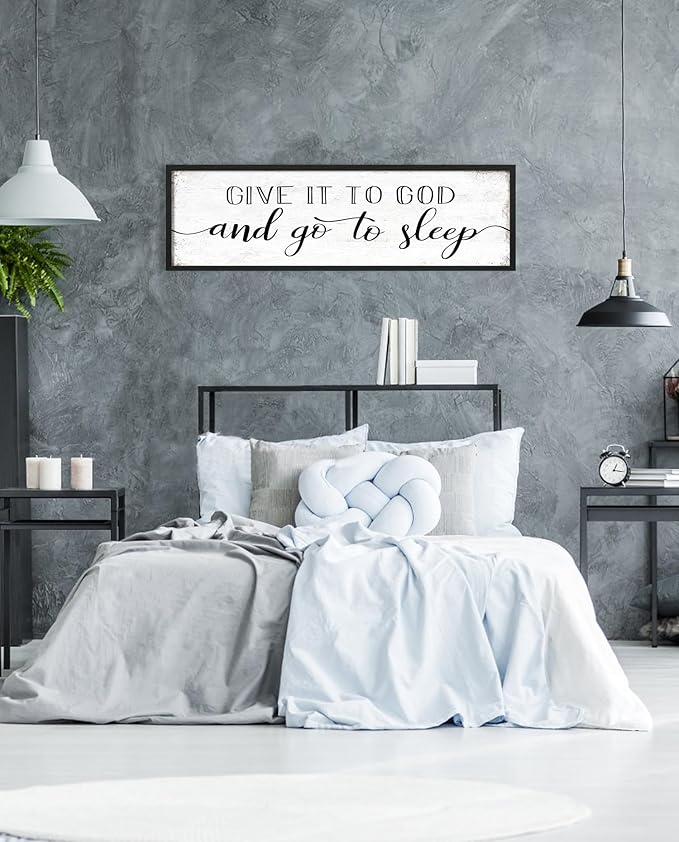 Give It to God and Go to Sleep Sign: Farmhouse Bedroom Wall Decor Above Bed Rustic Country Master Bedroom Framed Hanging Decor Country Plaque 12" x 40"-Ruum Studio Home