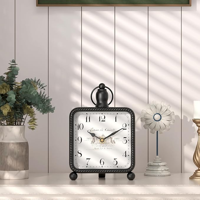 Vintage Black Table Clock on Stand, Desk and Shelf Decor Clock, French Rustic Style Non-Ticking Mantel Clocks for Farmhouse, Living Room, Bedroom, Bedside, Gift (8.5" H x 5.5" W)-Ruum Studio Home
