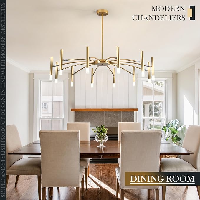 Gold Modern Chandelier 39.4" Large Chandelier Lighting Adjustable Ceiling Pendant Light 12 Light Pendant Light Fixtures for Living Room Dining Room Foyer-Ruum Studio Home