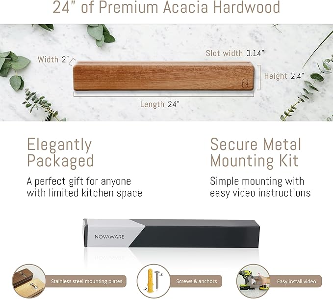 Premium 24 inch Magnetic Knife Holder for Wall with 2x Storage & Charming Wood - Knife Magnetic Strip, Under Cabinet Magnet Knives Storage - Magnet Strip Rack Kitchen Utensil Holder Organizer Tool-Ruum Studio Home