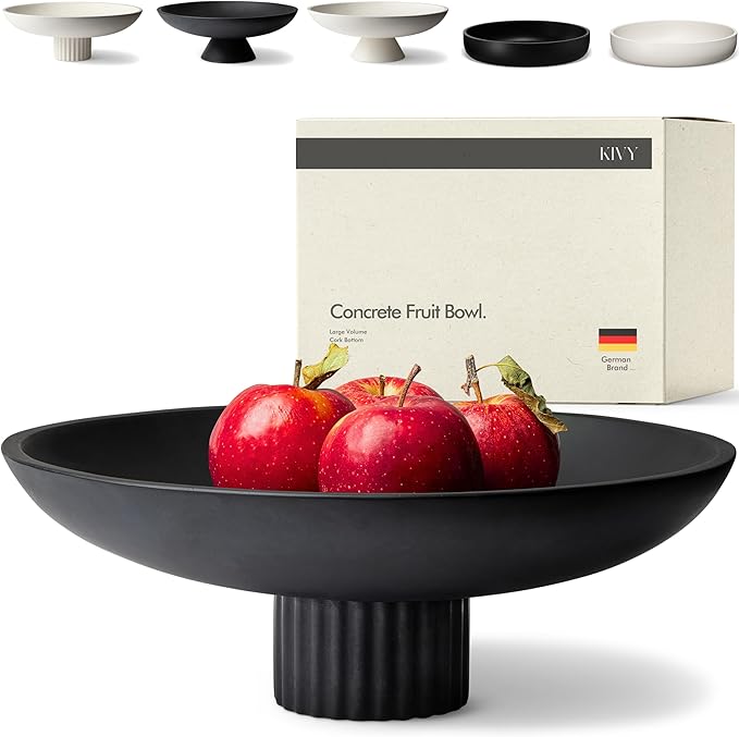 KIVY Concrete Fruit Bowl for Kitchen Counter - Large Decorative Bowl for Home Decor - Black Pedestal Bowl - Decorative Bowls for Home Decor - Black Kitchen Island Decor-Ruum Studio Home