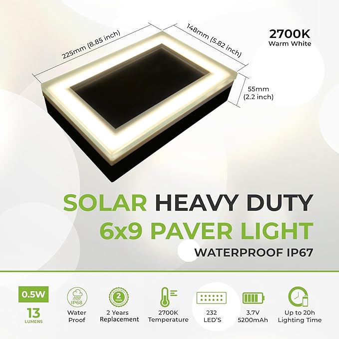 LUMENGY Solar Paver Light 6×9 inch, 2700K, Up to 20 Hours Continuous Lighting, Stainless Steel, Thick Glass, Glare-Free Illumination for Driveways, Pathways & Garden, Waterproof & Drive-Over Rated-Ruum Studio Home