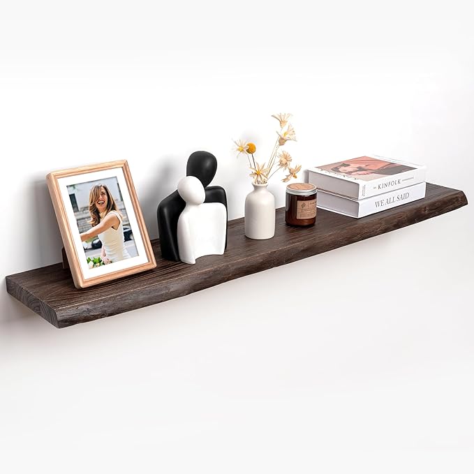 RICHFOCUS Live Edge Elm Floating Shelves - 48" W x 9.3" D Rustic Solid Wood Wall Shelves with Invisible Bracket, Wall-Mounted for Living Room, Bedroom, Kitchen Storage & Display, Set of 1, Walnut-Ruum Studio Home
