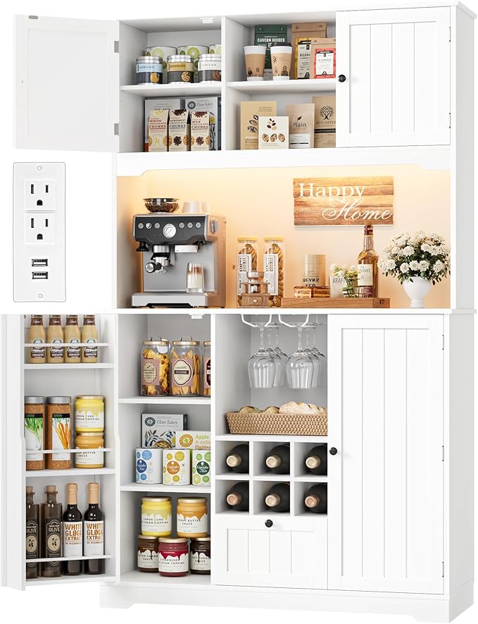 FINETONES 71" Pantry Cabinet with 7-Color LED Light and Charging Station, Kitchen Pantry Cabinet with Microwave Stand, Kitchen Hutch Food Storage Cabinet with Outlet and Wine Racks, White-Ruum Studio Home
