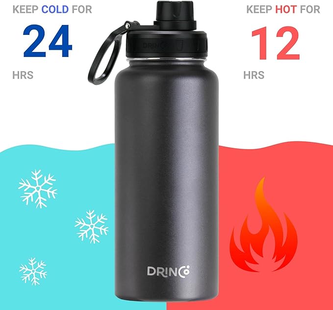 DRINCO Stainless Steel Water Bottle Spout Lid Vacuum Insulated Double Wall Water Bottle Wide Mouth (40oz 32oz 22oz 18oz 14oz) Leak Proof Keep Cold Sport Camping Hiking (32 oz, 32oz Black)-Ruum Studio Home