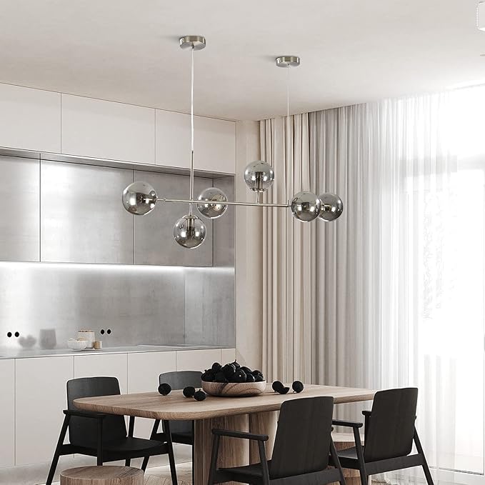 KCO Modern 6-Light Ceiling Pendant Lighting Mid-Century Glass Globes Sputnik Pendant Lamp Hanging Adjustable Chandelier for Kitchen Island Living Dining Room (Silver+Smoke Grey)-Ruum Studio Home